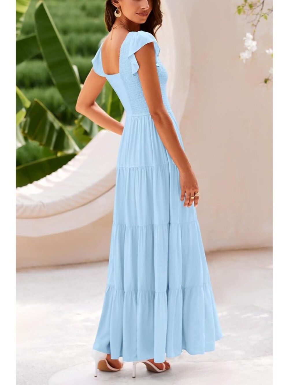 Women's Light Blue Summer Maxi Dress Casual Cap Sleeve V Neck Smocked Beach - Picture 2 of 6